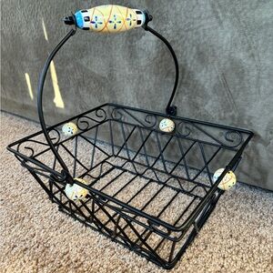Vintage Black Metal Wire Basket Porcelain Handle and Accents Mackenzie Childs